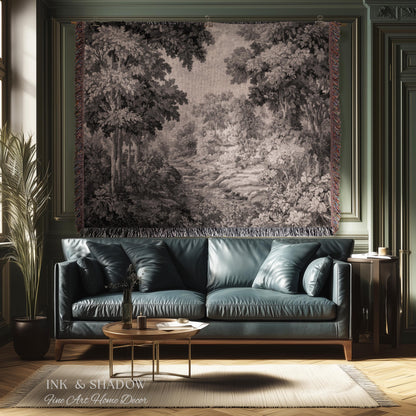 Soft Monochrome Scenic Landscape Tapestry Wall Hanging | Neutral Gray Woodland Stream Botanical Grove Woven Throw Classical Art Home Decor
