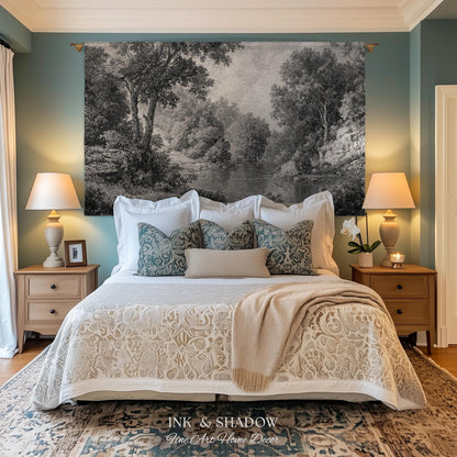Monochromatic Mountain Lake Landscape Tapestry Wall Art | Neutral Tonal Old World Woodland Valley Waterway Woven Textile Traditional Decor