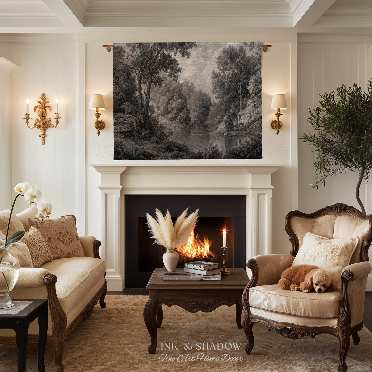 Monochromatic Mountain Lake Landscape Tapestry Wall Art | Neutral Tonal Old World Woodland Valley Waterway Woven Textile Traditional Decor