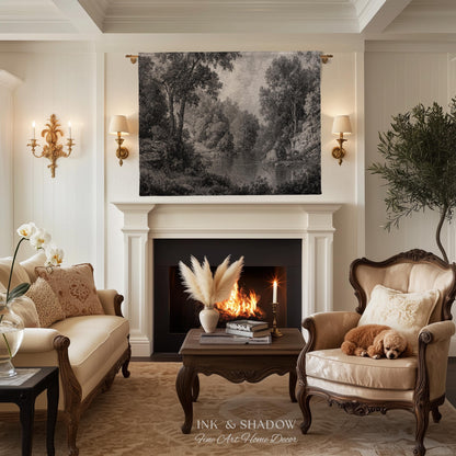Monochromatic Mountain Lake Landscape Tapestry Wall Art | Neutral Tonal Old World Woodland Valley Waterway Woven Textile Traditional Decor