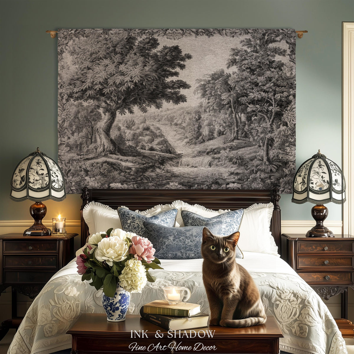 Tranquil Tonal Countryside Landscape Tapestry Wall Art | Monochrome Whimsical Woodland Scenic Woven Home Textile Rustic Charm Nature Decor