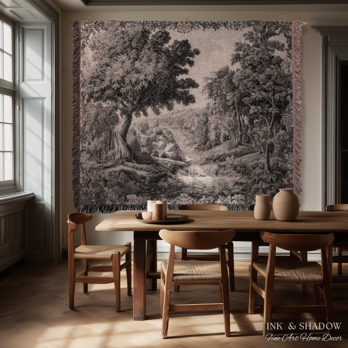 Tranquil Tonal Countryside Landscape Tapestry Wall Art | Monochrome Whimsical Woodland Scenic Woven Home Textile Rustic Charm Nature Decor