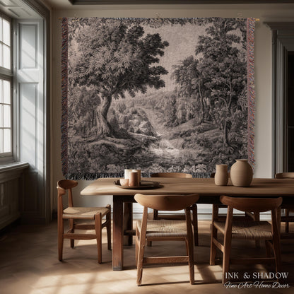 Tranquil Tonal Countryside Landscape Tapestry Wall Art | Monochrome Whimsical Woodland Scenic Woven Home Textile Rustic Charm Nature Decor