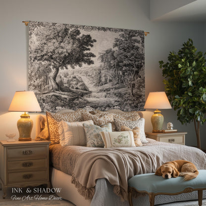 Tranquil Tonal Countryside Landscape Tapestry Wall Art | Monochrome Whimsical Woodland Scenic Woven Home Textile Rustic Charm Nature Decor