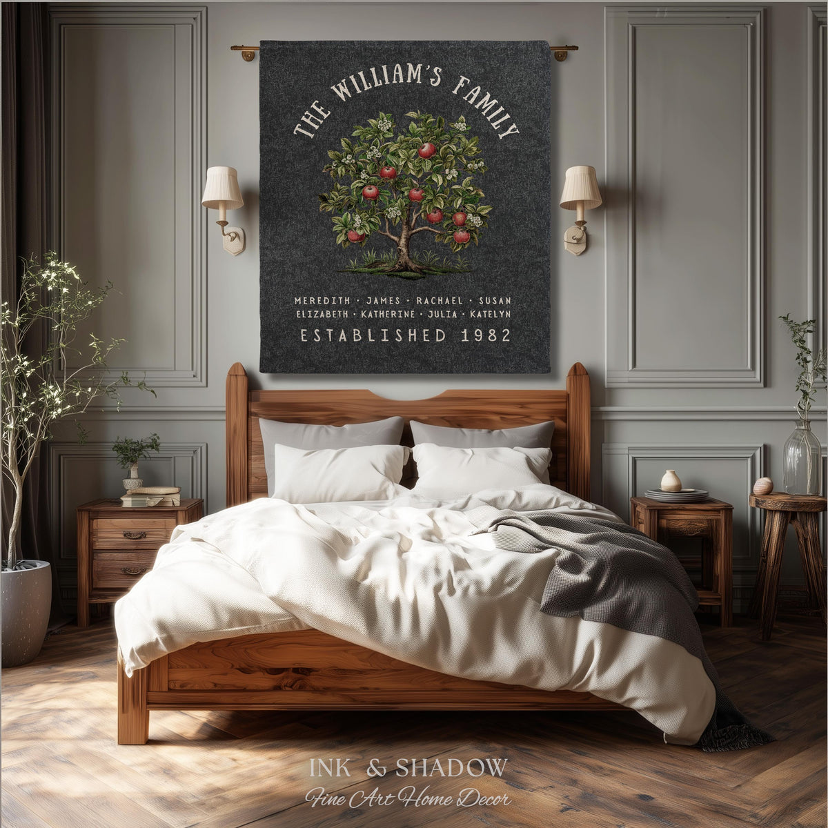 May include: A family tree wall hanging with the text "THE WILLIAM'S FAMILY" and names below. The tree has red apples and green leaves. The text "ESTABLISHED 1982" is also present. The wall hanging is displayed above a wooden bed.