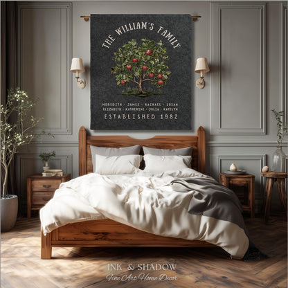 May include: A family tree wall hanging with the text "THE WILLIAM'S FAMILY" and names below. The tree has red apples and green leaves. The text "ESTABLISHED 1982" is also present. The wall hanging is displayed above a wooden bed.