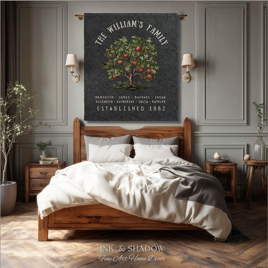 May include: A family tree wall hanging with the text "THE WILLIAM'S FAMILY" and names below. The tree has red apples and green leaves. The text "ESTABLISHED 1982" is also present. The wall hanging is displayed above a wooden bed.