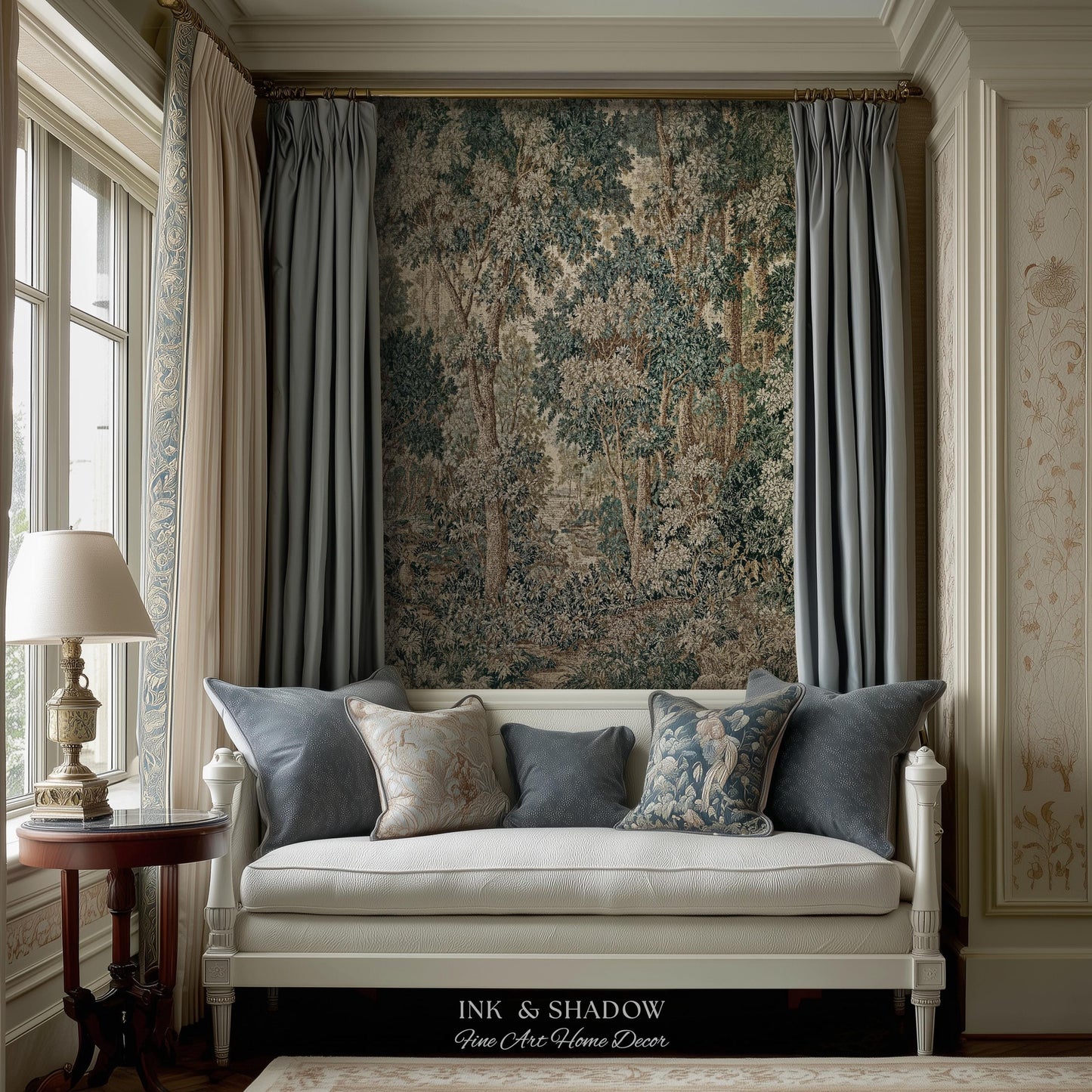 Pastoral Woodland Scene Forest Vertical Wall Hanging Jacquard Tapestry, European Verdure French Country Style Romantic Landscape Woven Throw