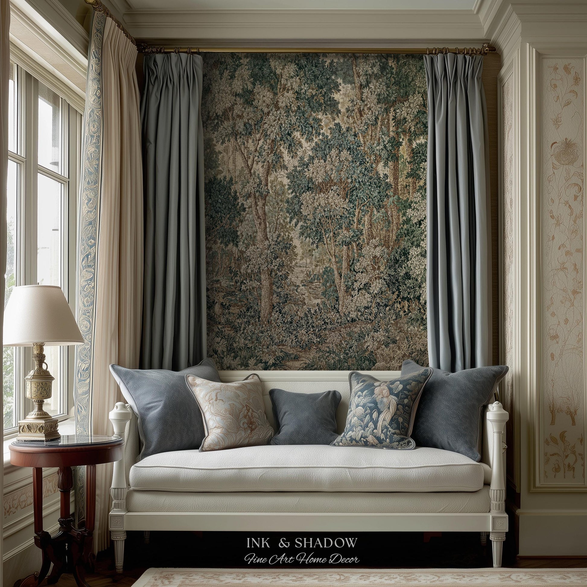Pastoral Woodland Scene Forest Vertical Wall Hanging Jacquard Tapestry, European Verdure French Country Style Romantic Landscape Woven Throw