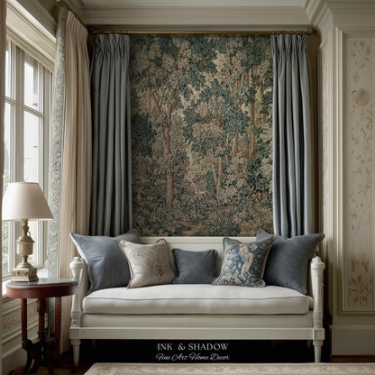 Pastoral Woodland Scene Forest Vertical Wall Hanging Jacquard Tapestry, European Verdure French Country Style Romantic Landscape Woven Throw