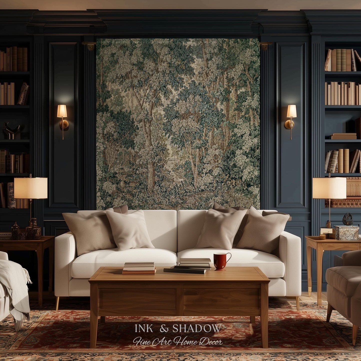 Pastoral Woodland Scene Forest Vertical Wall Hanging Jacquard Tapestry, European Verdure French Country Style Romantic Landscape Woven Throw