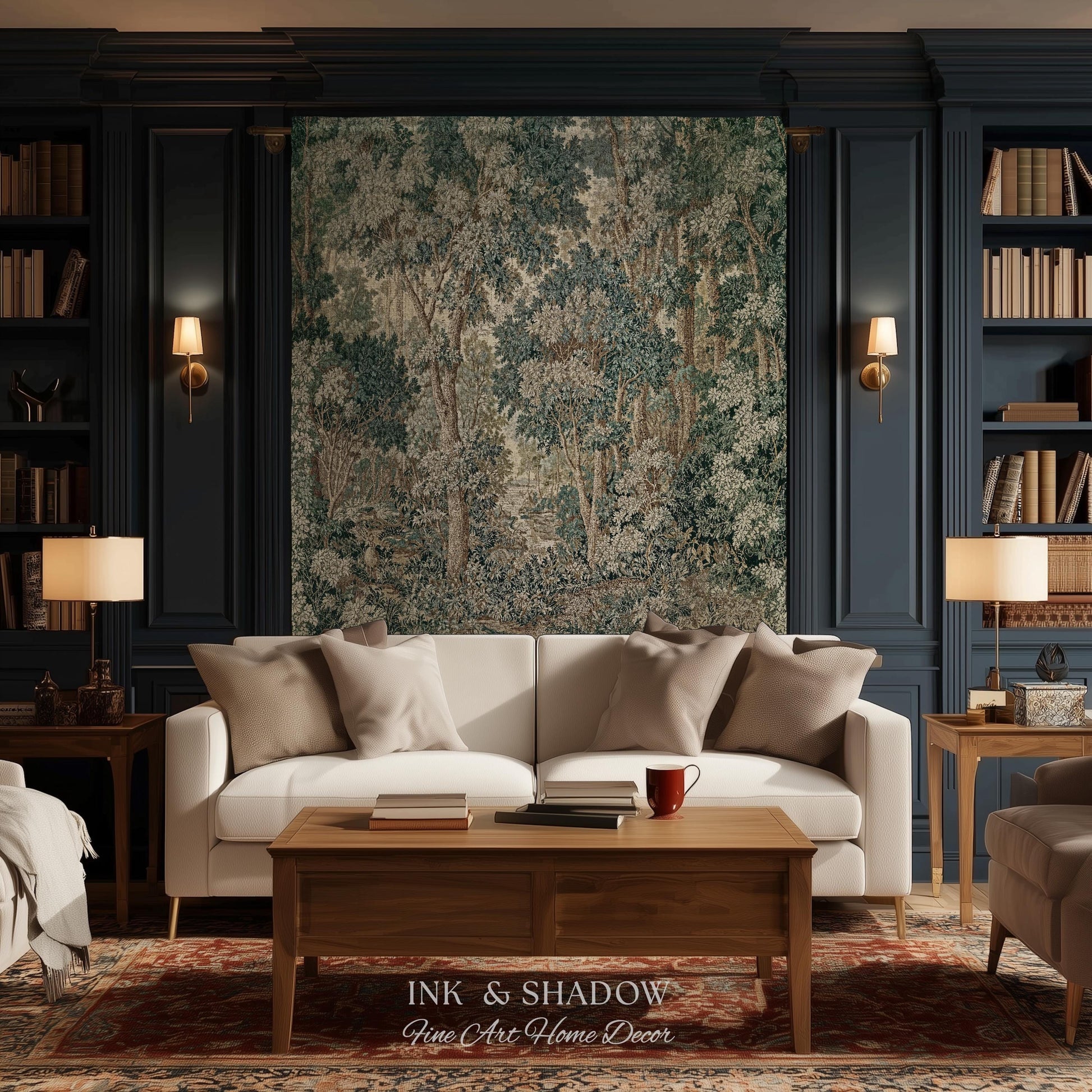 Pastoral Woodland Scene Forest Vertical Wall Hanging Jacquard Tapestry, European Verdure French Country Style Romantic Landscape Woven Throw