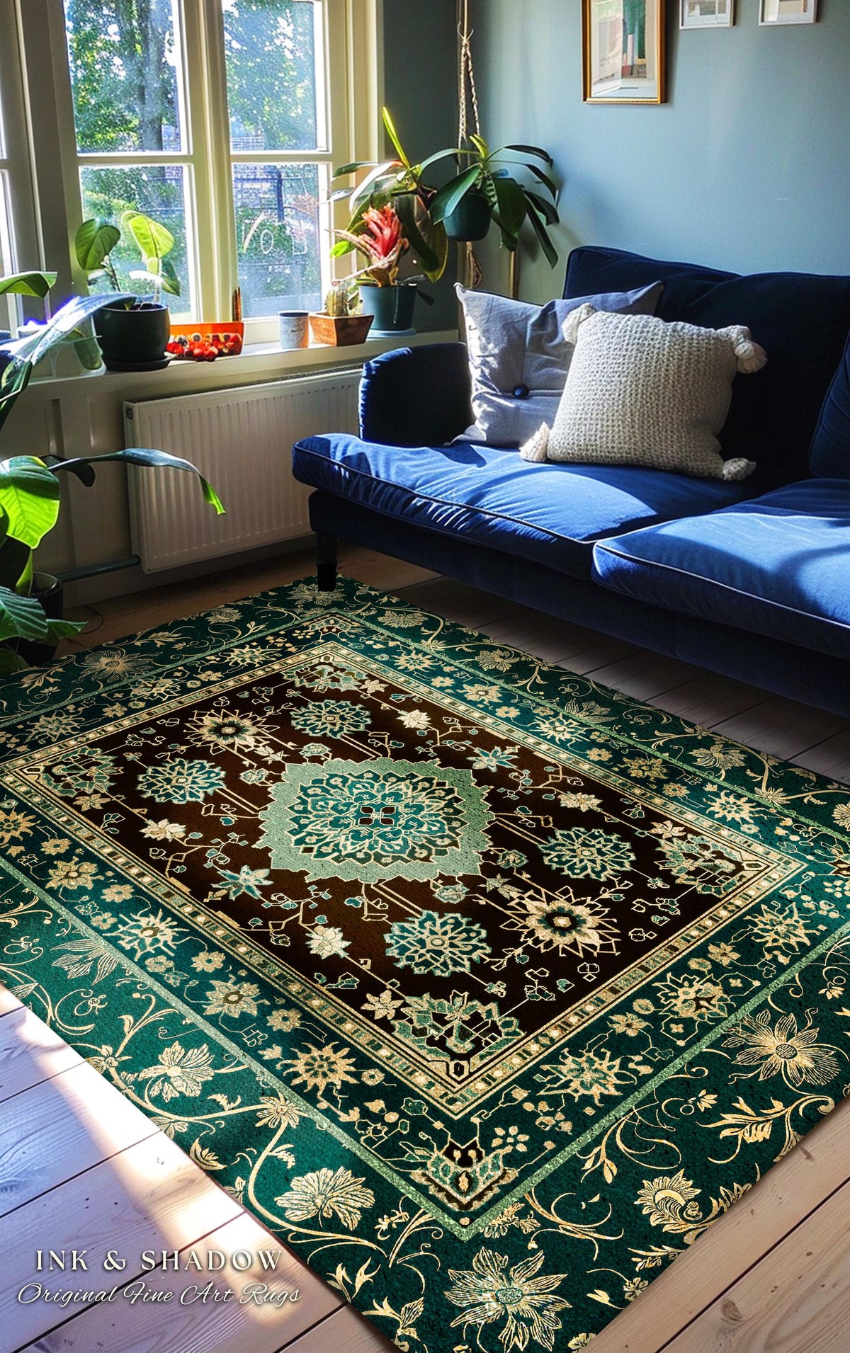 Dark Academia Emerald Statement Rug | Reading Nook Cozy Floor Rug Ornate Rug with Blue Green Detail Cottagecore Victorian Gothic Aesthetic