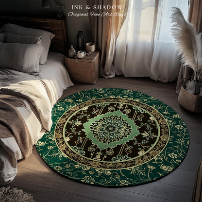 Dark Academia Emerald Statement Rug | Reading Nook Cozy Floor Rug Ornate Rug with Blue Green Detail Cottagecore Victorian Gothic Aesthetic