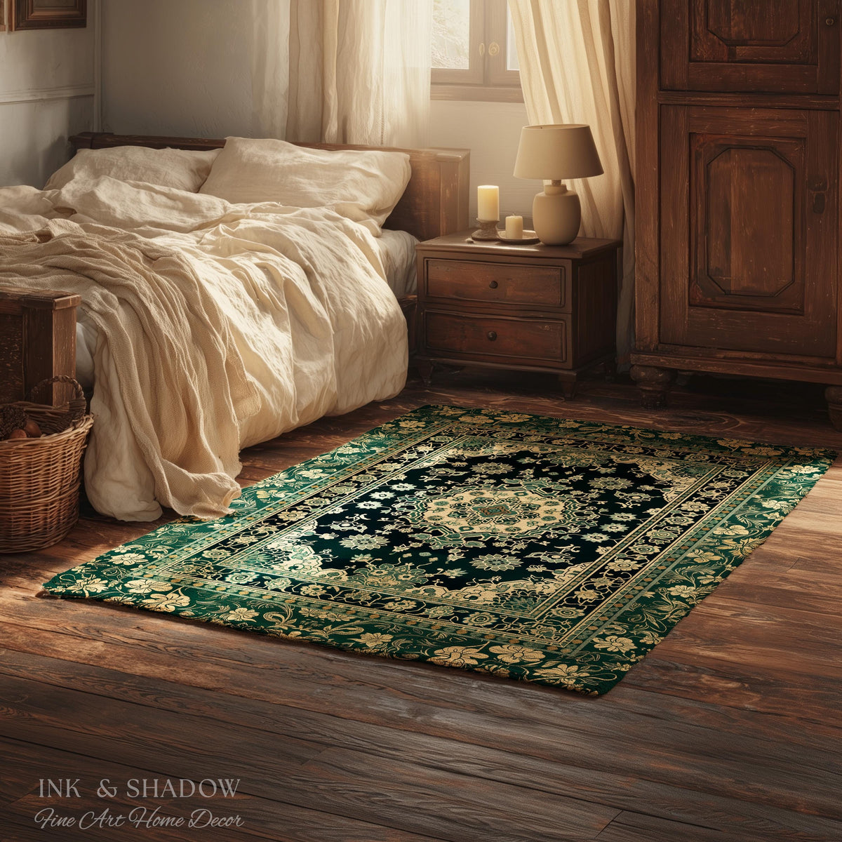 Victorian Gothic Bedroom Round Rug | Reading Nook Cozy Floor Rug Ornate Statement with Blue Green Detail Cottagecore Dark Academia Aesthetic