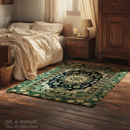Victorian Gothic Bedroom Round Rug | Reading Nook Cozy Floor Rug Ornate Statement with Blue Green Detail Cottagecore Dark Academia Aesthetic