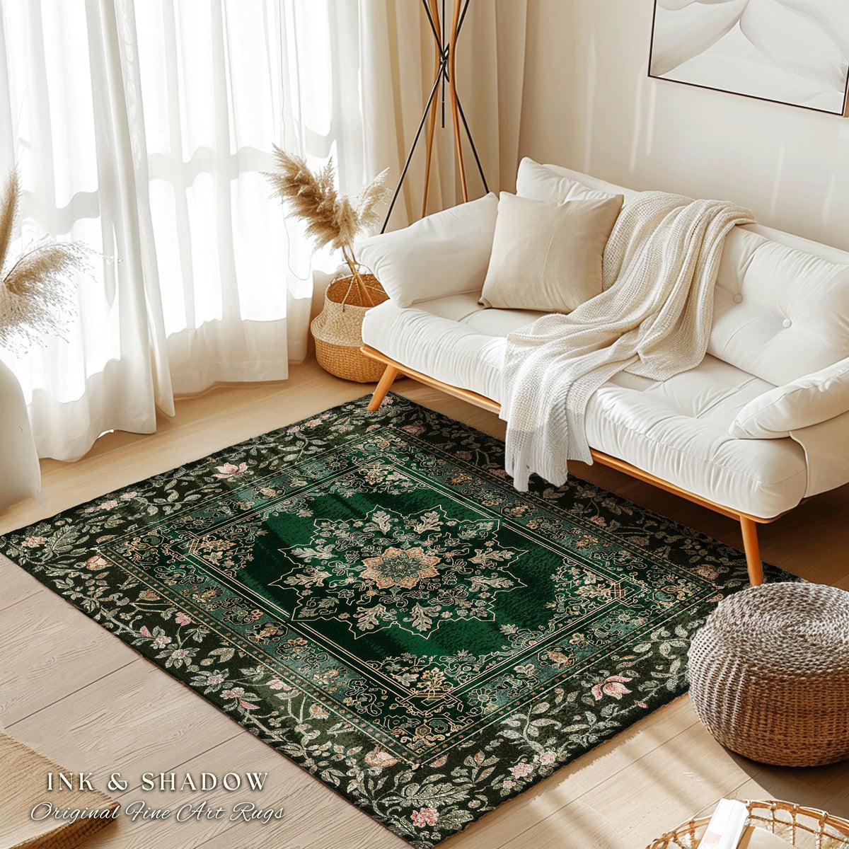 Witchy Bohemian Rustic Accent Rug | Enchanting Midnight Emerald Ornate Area Rug Traditional Art Deco Living Room Baroque Aesthetic Decor |