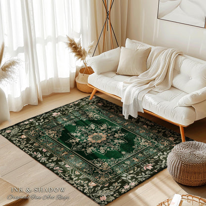 Witchy Bohemian Rustic Accent Rug | Enchanting Midnight Emerald Ornate Area Rug Traditional Art Deco Living Room Baroque Aesthetic Decor |