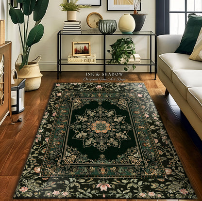 Witchy Bohemian Rustic Accent Rug | Enchanting Midnight Emerald Ornate Area Rug Traditional Art Deco Living Room Baroque Aesthetic Decor |