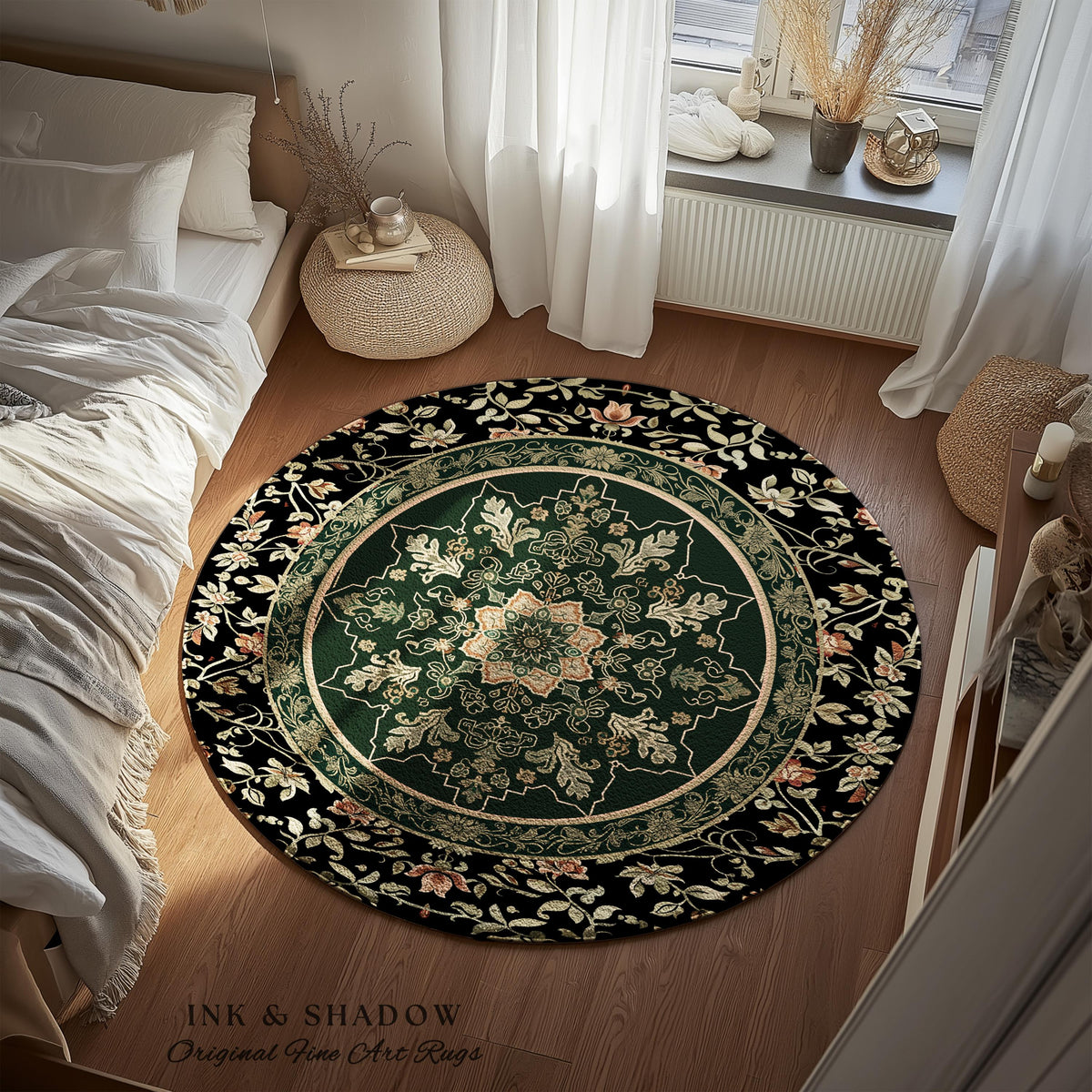 Witchy Bohemian Rustic Accent Rug | Enchanting Midnight Emerald Ornate Area Rug Traditional Art Deco Living Room Baroque Aesthetic Decor |