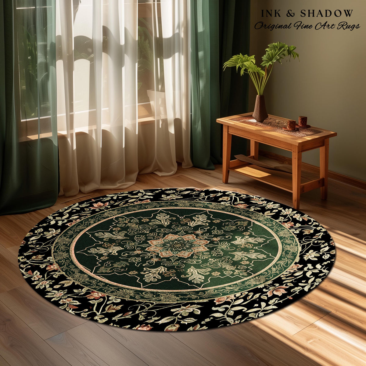 Witchy Bohemian Rustic Accent Rug | Enchanting Midnight Emerald Ornate Area Rug Traditional Art Deco Living Room Baroque Aesthetic Decor |