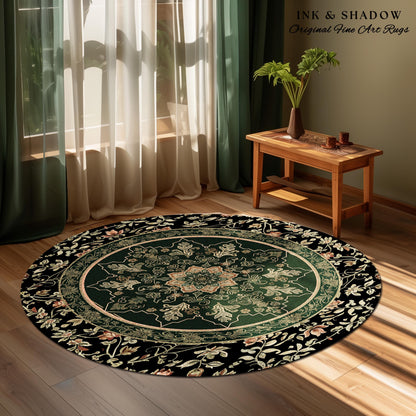 Witchy Bohemian Rustic Accent Rug | Enchanting Midnight Emerald Ornate Area Rug Traditional Art Deco Living Room Baroque Aesthetic Decor |