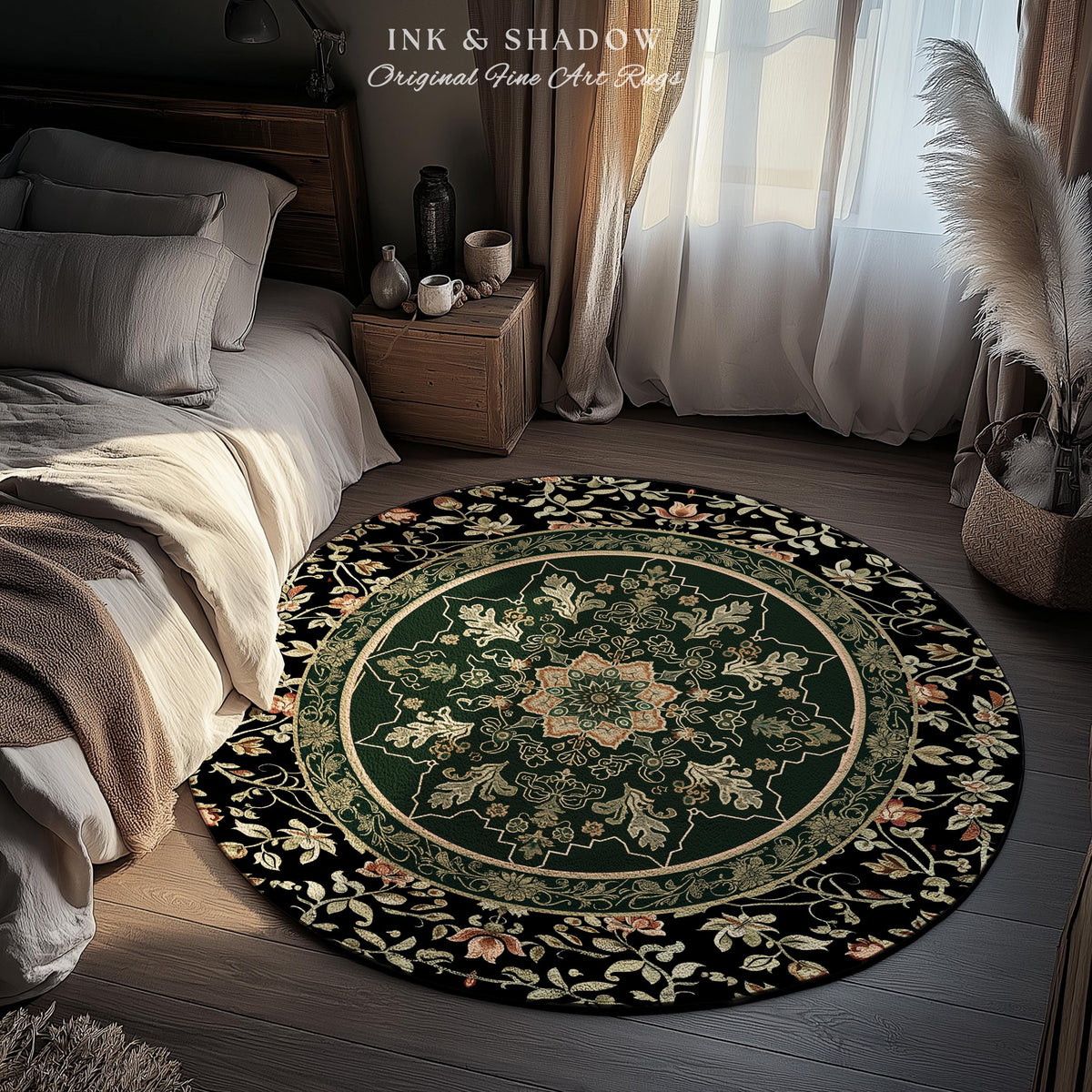 Witchy Bohemian Rustic Accent Rug | Enchanting Midnight Emerald Ornate Area Rug Traditional Art Deco Living Room Baroque Aesthetic Decor |