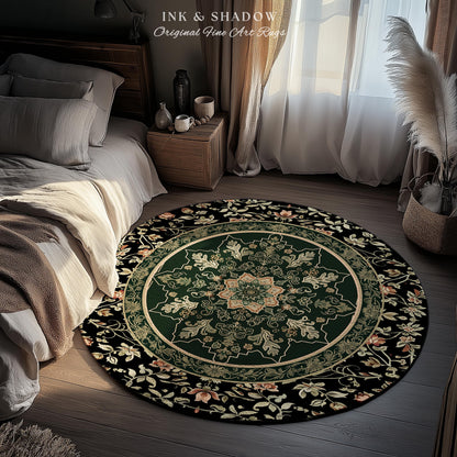 Witchy Bohemian Rustic Accent Rug | Enchanting Midnight Emerald Ornate Area Rug Traditional Art Deco Living Room Baroque Aesthetic Decor |