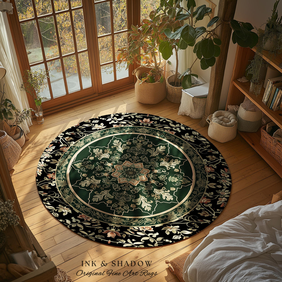 Witchy Bohemian Rustic Accent Rug | Enchanting Midnight Emerald Ornate Area Rug Traditional Art Deco Living Room Baroque Aesthetic Decor |