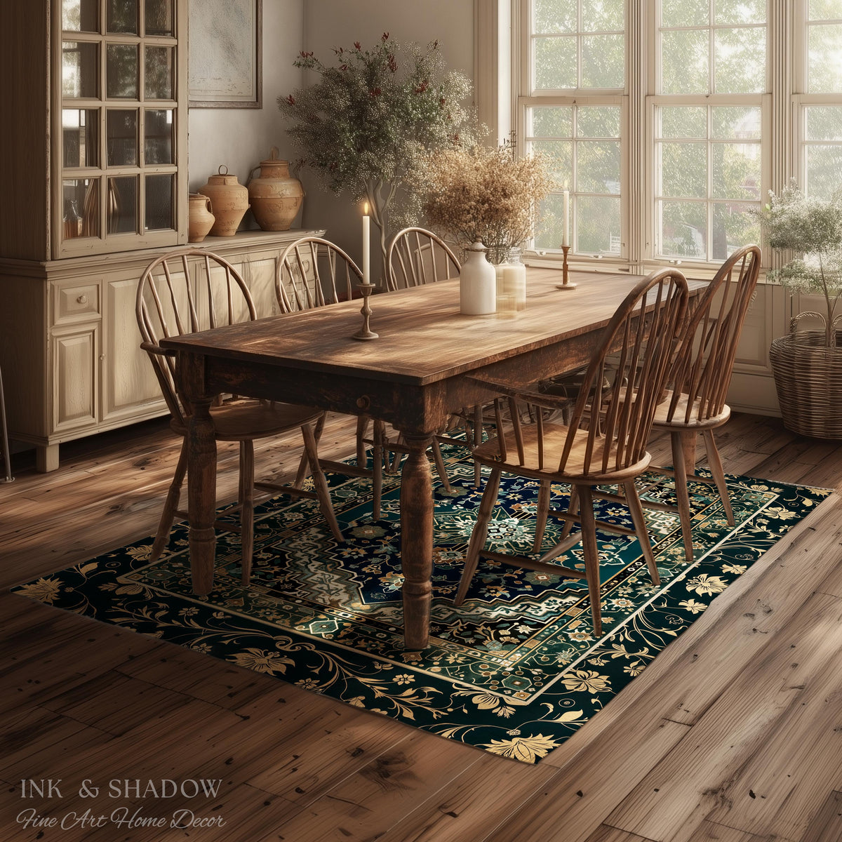 Victorian Baroque Area Rug | Midnight Emerald Ornate Design Gothic Art Deco Boho Accent Dark Academia Maximalist Home Statement Piece Witchy