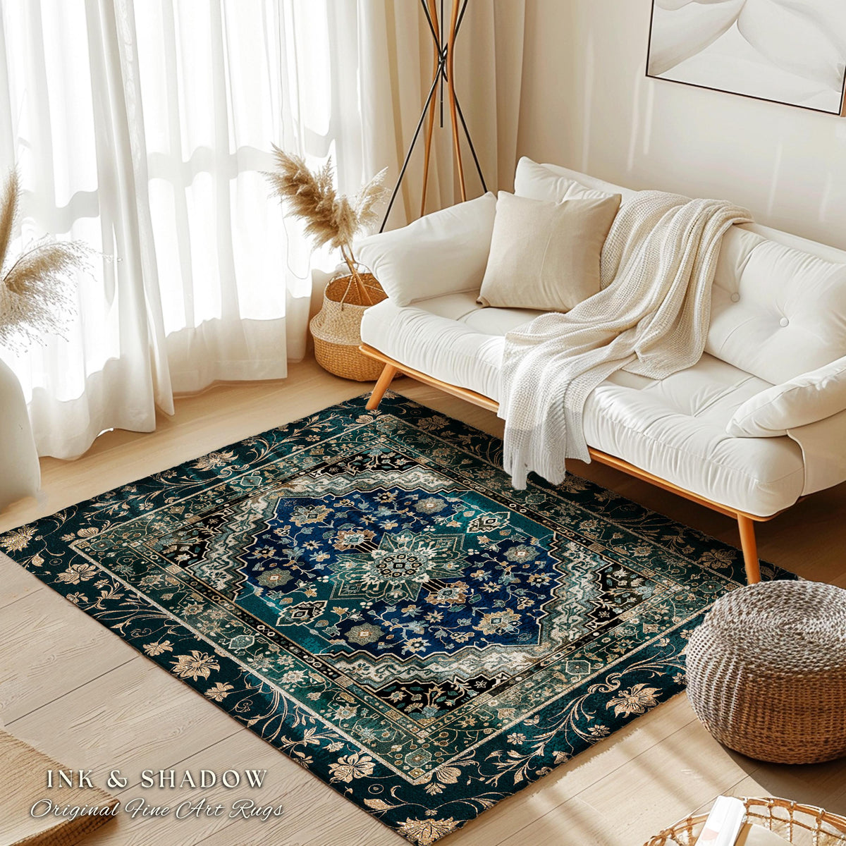 Victorian Baroque Area Rug | Midnight Emerald Ornate Design Gothic Art Deco Boho Accent Dark Academia Maximalist Home Statement Piece Witchy