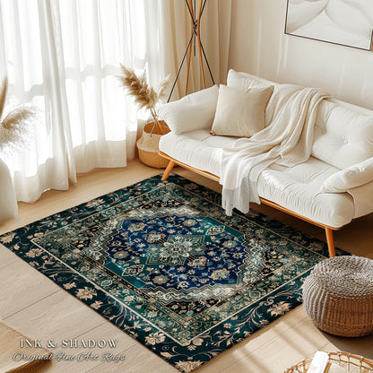 Victorian Baroque Area Rug | Midnight Emerald Ornate Design Gothic Art Deco Boho Accent Dark Academia Maximalist Home Statement Piece Witchy