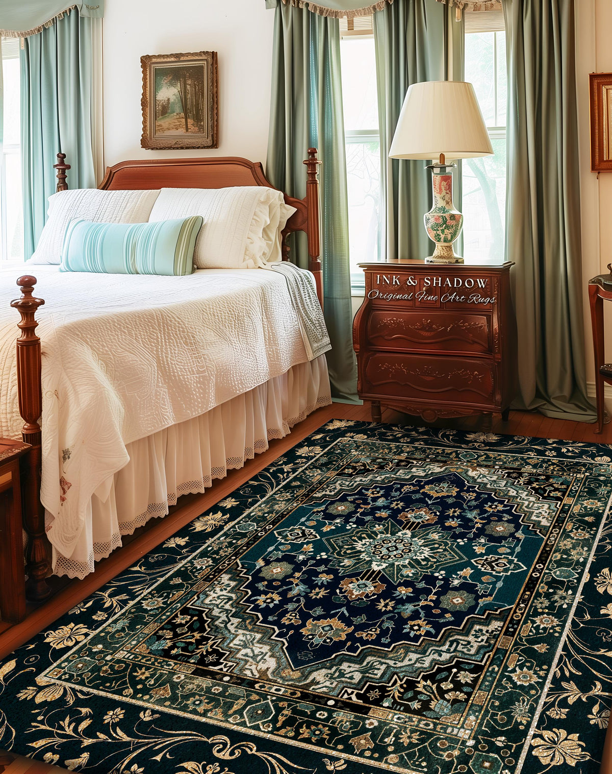 Victorian Baroque Area Rug | Midnight Emerald Ornate Design Gothic Art Deco Boho Accent Dark Academia Maximalist Home Statement Piece Witchy