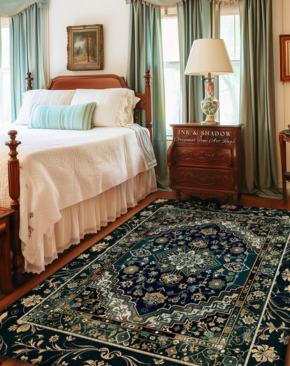 Victorian Baroque Area Rug | Midnight Emerald Ornate Design Gothic Art Deco Boho Accent Dark Academia Maximalist Home Statement Piece Witchy