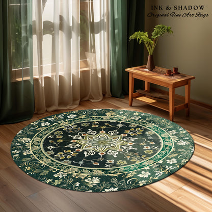 Moody Emerald Green Area Rug | Persian Green Floor Rug Ornate Rug with Blue Green Detail Dark Academia Victorian Gothic Aesthetic Dark Teal