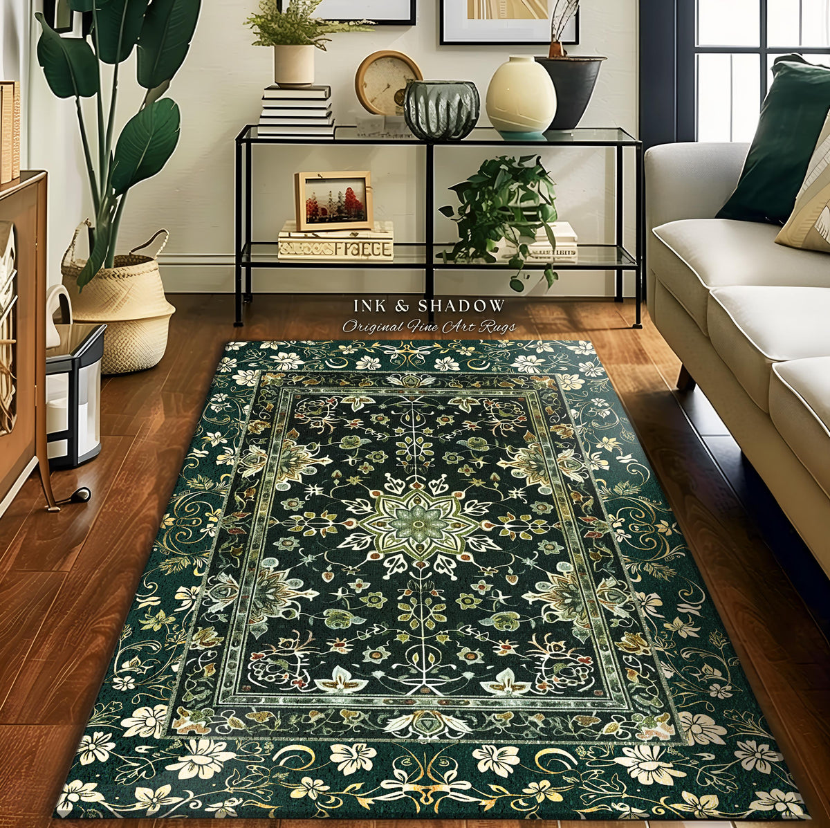 Moody Emerald Green Area Rug | Persian Green Floor Rug Ornate Rug with Blue Green Detail Dark Academia Victorian Gothic Aesthetic Dark Teal