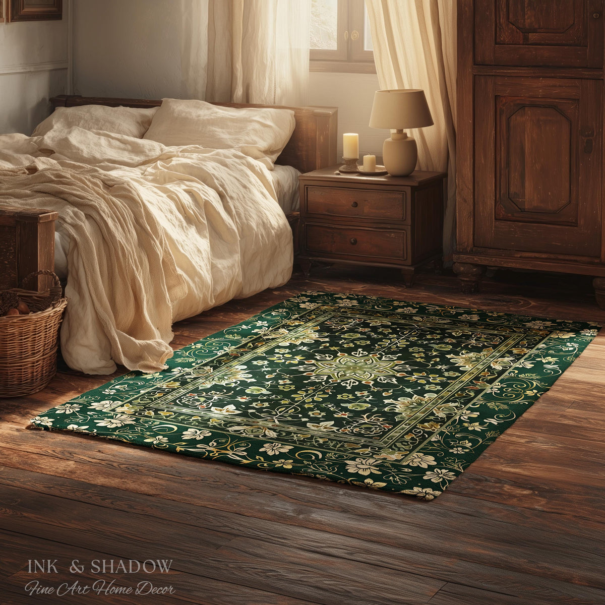 Moody Emerald Green Area Rug | Persian Green Floor Rug Ornate Rug with Blue Green Detail Dark Academia Victorian Gothic Aesthetic Dark Teal