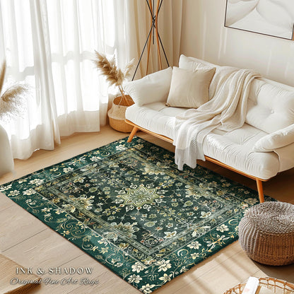 Moody Emerald Green Area Rug | Persian Green Floor Rug Ornate Rug with Blue Green Detail Dark Academia Victorian Gothic Aesthetic Dark Teal