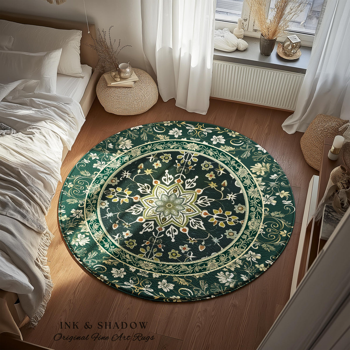 Moody Emerald Green Area Rug | Persian Green Floor Rug Ornate Rug with Blue Green Detail Dark Academia Victorian Gothic Aesthetic Dark Teal