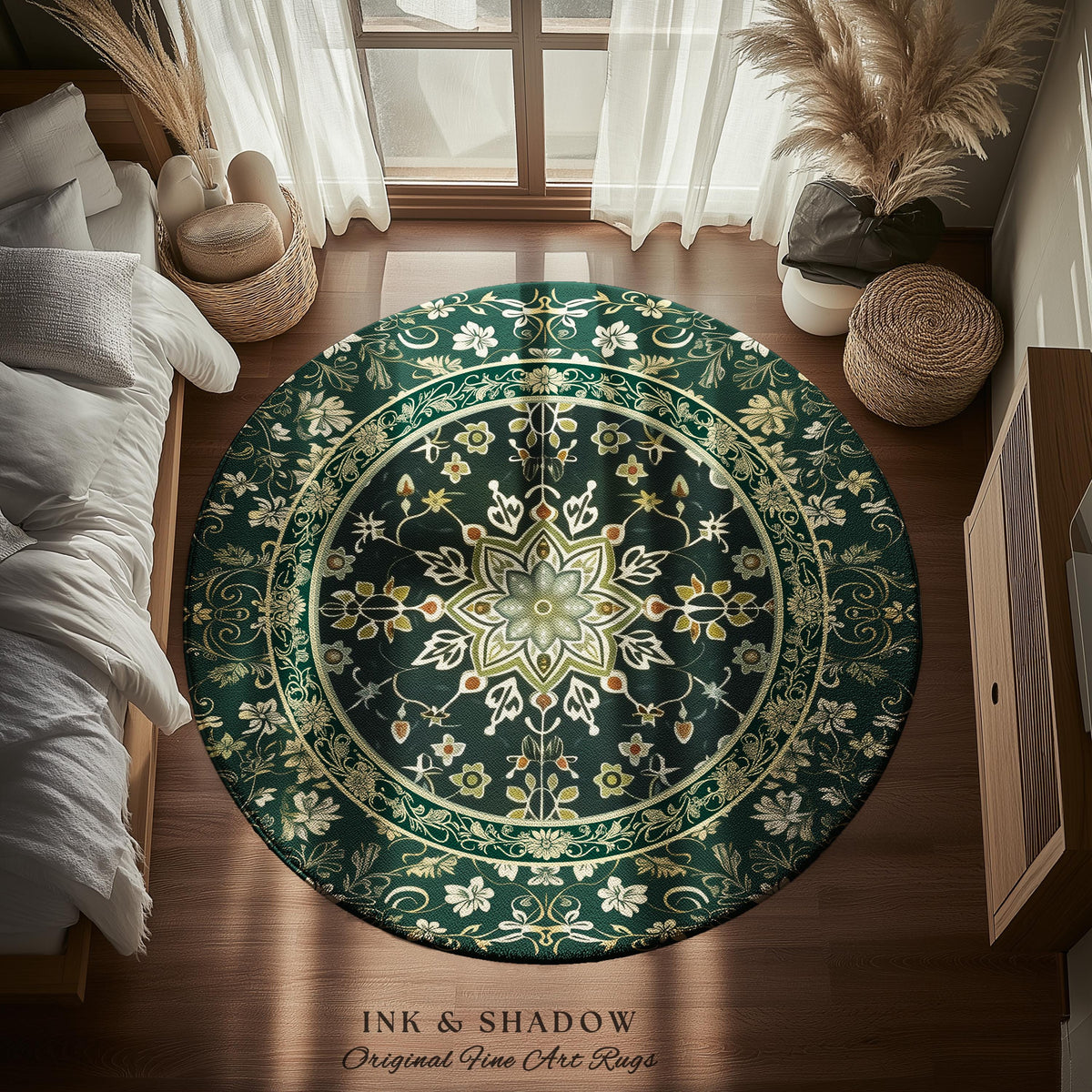 Moody Emerald Green Area Rug | Persian Green Floor Rug Ornate Rug with Blue Green Detail Dark Academia Victorian Gothic Aesthetic Dark Teal