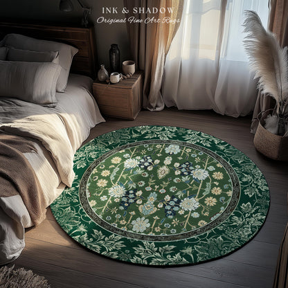Muted Green Boho Round Area Rug | Rustic Aesthetic Living Room Pastel Green Home Decor Housewarming Gift Cottagecore Green Bedroom Floor Mat