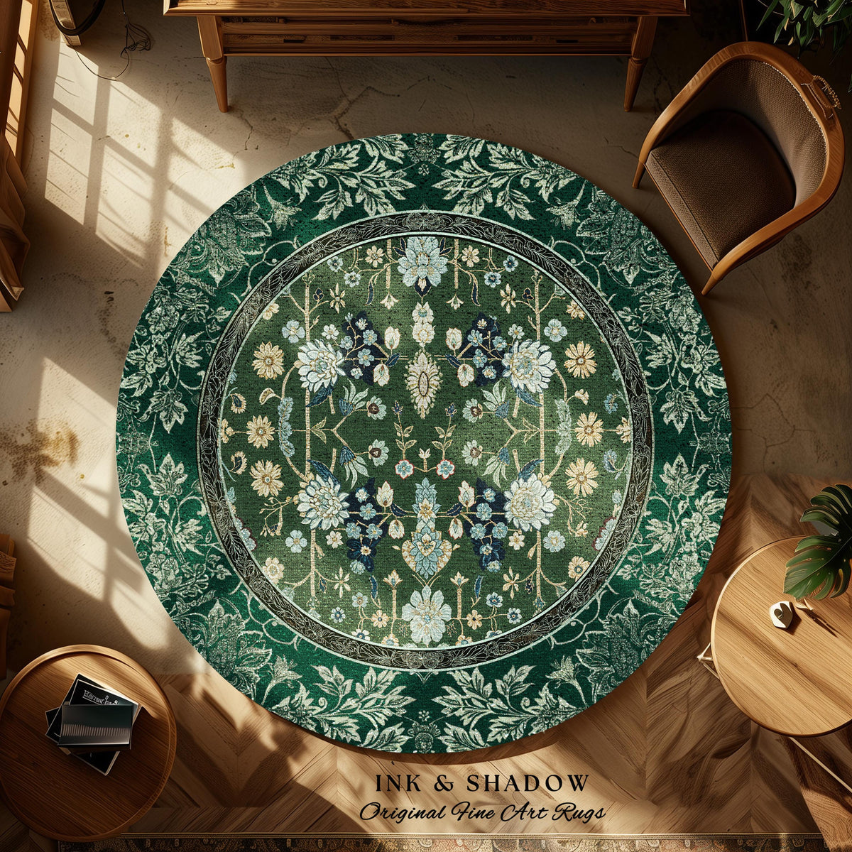 Muted Green Boho Round Area Rug | Rustic Aesthetic Living Room Pastel Green Home Decor Housewarming Gift Cottagecore Green Bedroom Floor Mat