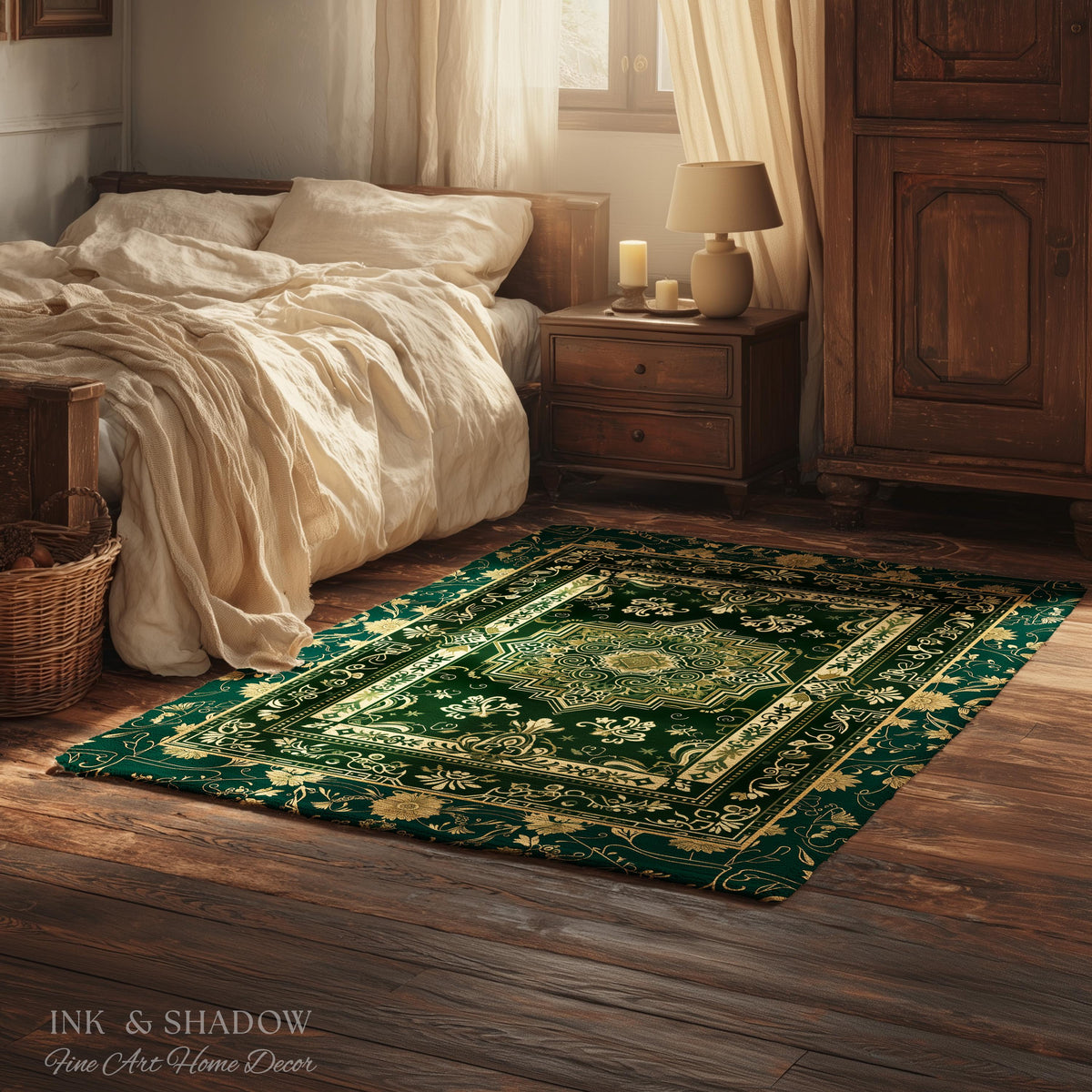 Gothic Maximalist Round Accent Rug | Forest Green Floor Rug Ornate Rug With Blue Green Detail Cottagecore Victorian Gothic Aesthetic Teal |