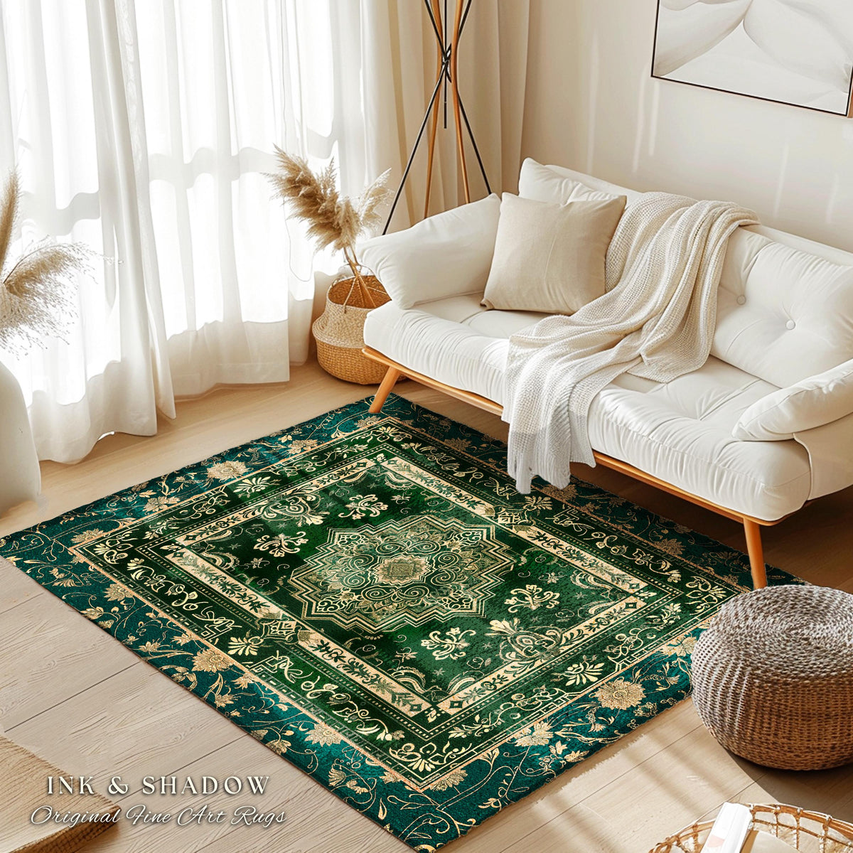 Gothic Maximalist Round Accent Rug | Forest Green Floor Rug Ornate Rug With Blue Green Detail Cottagecore Victorian Gothic Aesthetic Teal |