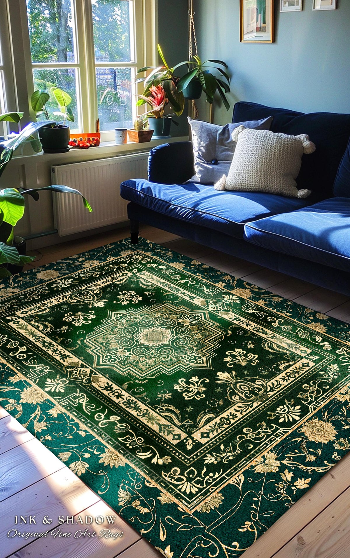 Gothic Maximalist Round Accent Rug | Forest Green Floor Rug Ornate Rug With Blue Green Detail Cottagecore Victorian Gothic Aesthetic Teal |