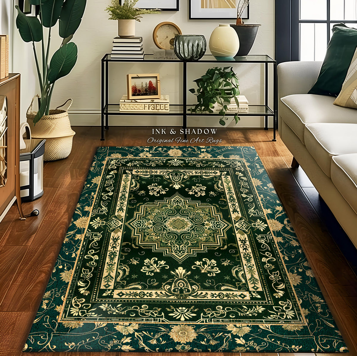 Gothic Maximalist Round Accent Rug | Forest Green Floor Rug Ornate Rug With Blue Green Detail Cottagecore Victorian Gothic Aesthetic Teal |