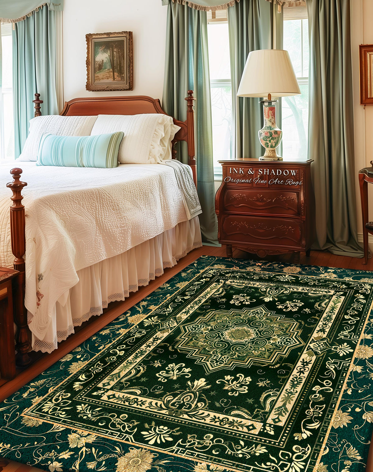Gothic Maximalist Round Accent Rug | Forest Green Floor Rug Ornate Rug With Blue Green Detail Cottagecore Victorian Gothic Aesthetic Teal |