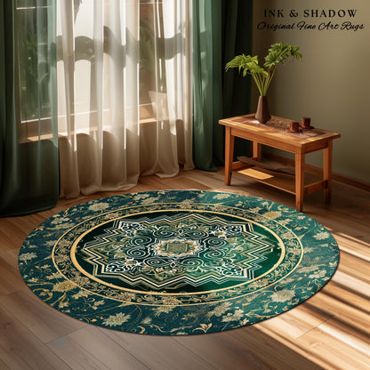 Gothic Maximalist Round Accent Rug | Forest Green Floor Rug Ornate Rug With Blue Green Detail Cottagecore Victorian Gothic Aesthetic Teal |