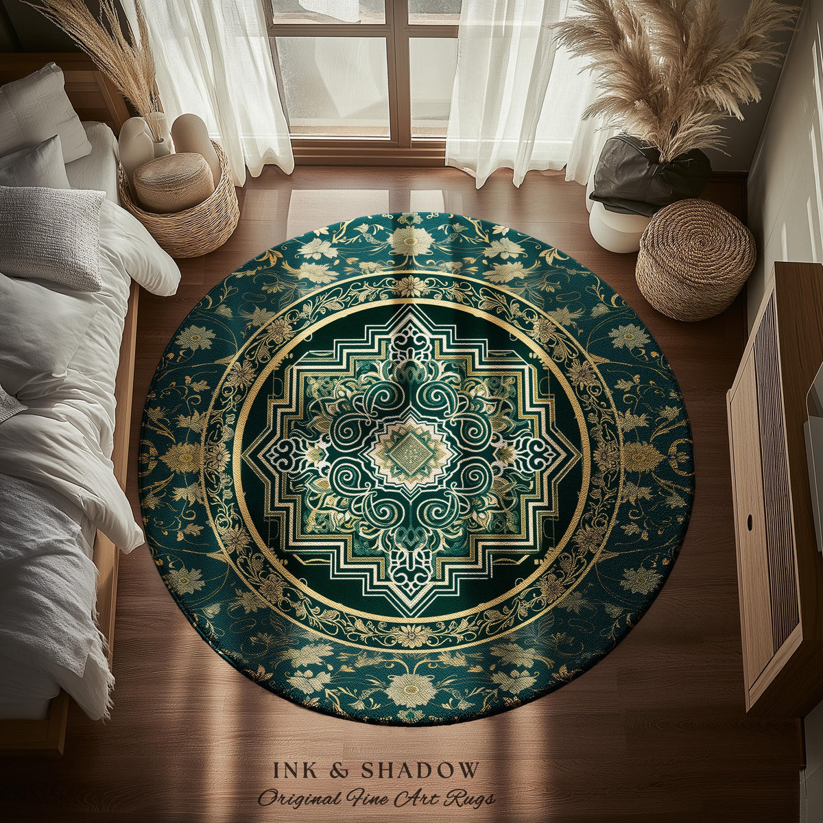 Gothic Maximalist Round Accent Rug | Forest Green Floor Rug Ornate Rug With Blue Green Detail Cottagecore Victorian Gothic Aesthetic Teal |