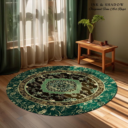 Dark Academia Emerald Round Statement Rug | Reading Nook Cozy Floor Rug Ornate Rug with Blue Green Detail Cottagecore Victorian Gothic Decor